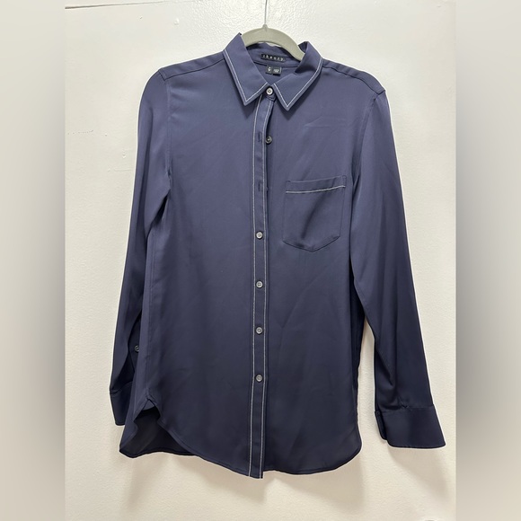 Vince navy blue silk long sleeve button down shirt small tall - Picture 1 of 4